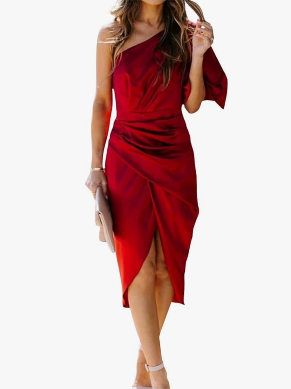 One-Shoulder Red Satin Midi Dress